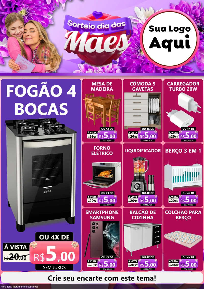 Modelo de Encarte para Encarte A4 Vertical com o tema Sorteio Dia das Mães para Móveis e Eletro