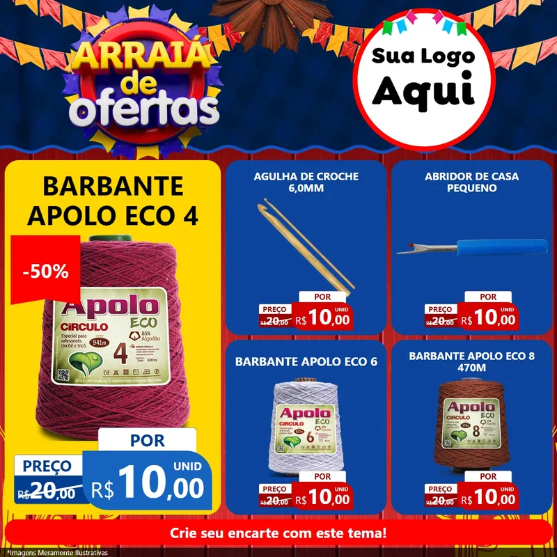 Modelo de Rede Social para Feed Facebook com o tema Arraiá de Ofertas para Armarinho e Aviamentos
