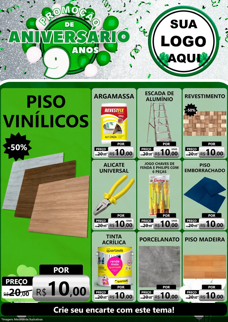 Modelo de Encarte para Encarte A4 Vertical com o tema Promoção de Aniversário - 9 Anos para Material para Construção