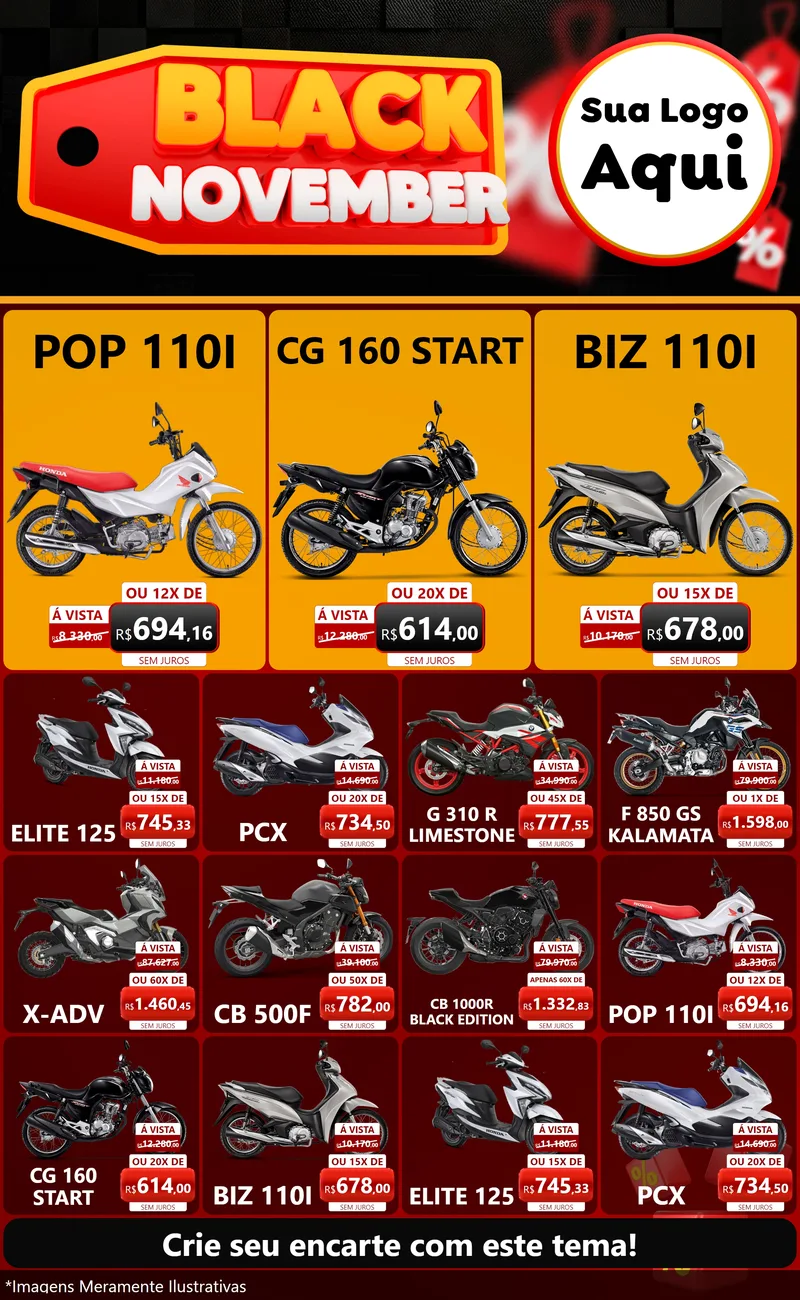 Modelo de Encarte para Encarte Grande com o tema Black November para Concessionaria de Motos