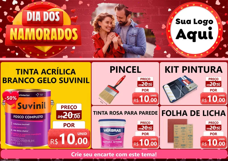 Modelo de Encarte para Encarte A4 Horizontal com o tema Dia Dos Namorados para Tintas e Ferramentas