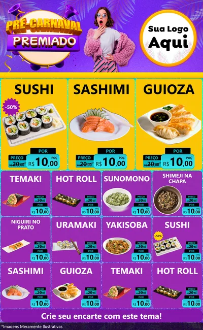 Modelo de Encarte para Encarte Grande com o tema Pré-Carnaval Premiado para Comida japonesa