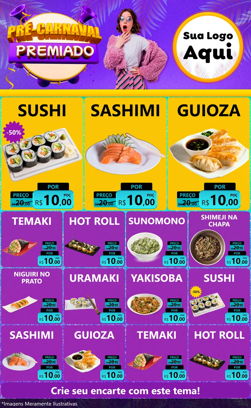 Modelo de Encarte para Encarte Grande com o tema Pré-Carnaval Premiado para Comida japonesa