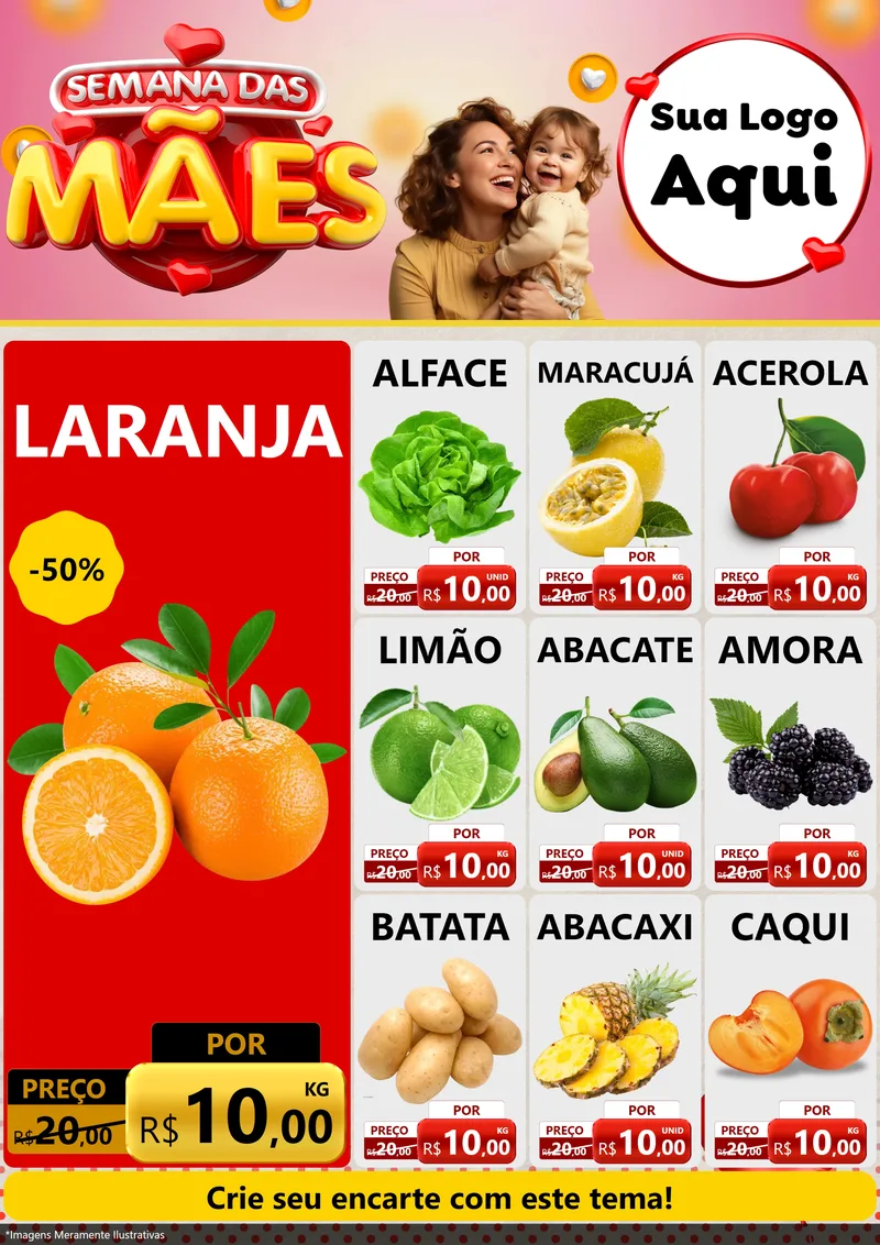 Modelo de Encarte para Encarte A4 Vertical com o tema Semana das Mães para Hortifrúti