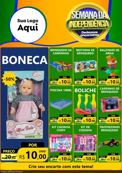 Modelo de Encarte para Encarte A4 Vertical com o tema Semana da Independência Declaramos Preços Baixos para Brinquedos