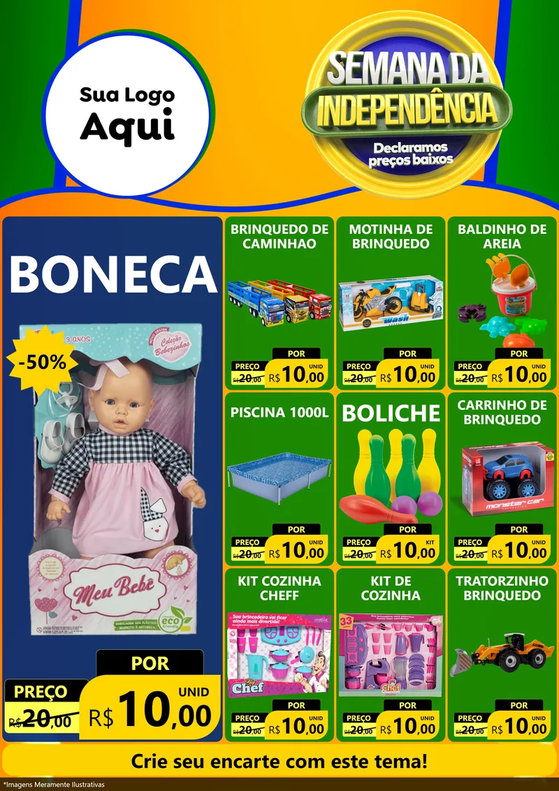 Modelo de Encarte para Encarte A4 Vertical com o tema Semana da Independência Declaramos Preços Baixos para Brinquedos
