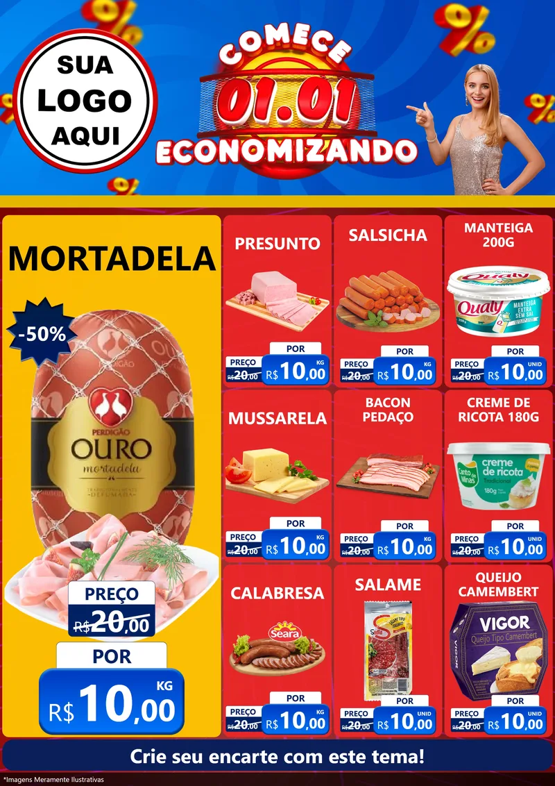 Modelo de Encarte para Encarte A4 Vertical com o tema Comece 1º de Janeiro Economizando para Frios e Laticínios
