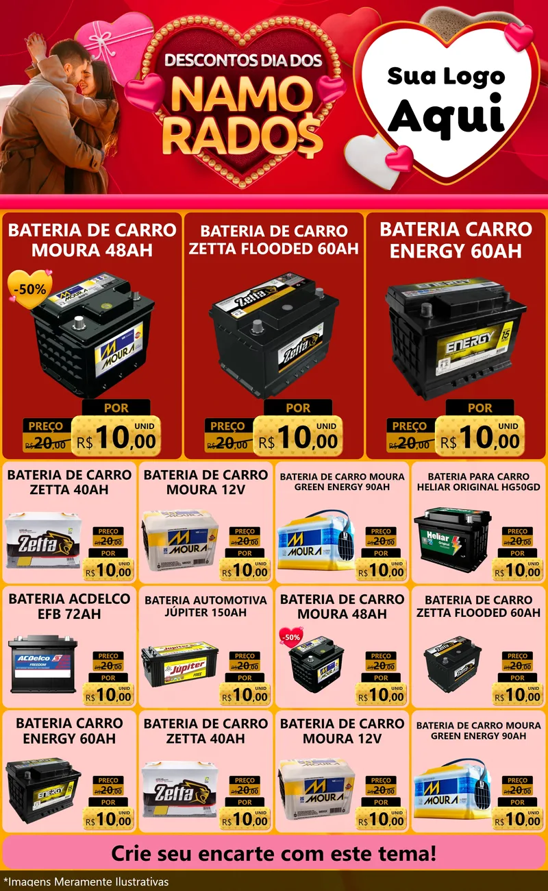 Modelo de Encarte para Encarte Grande com o tema Descontos Dia dos Namorados para Baterias Elétricas