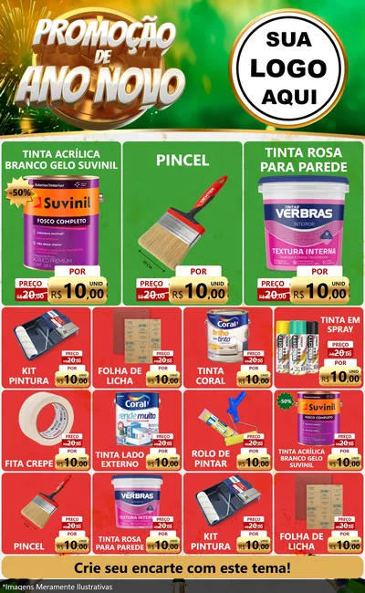 Modelo de Encarte para Encarte Grande com o tema Promoção de Ano Novo para Tintas e Ferramentas
