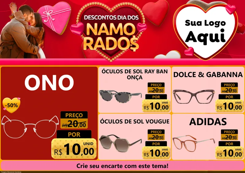 Modelo de Encarte para Encarte A4 Horizontal com o tema Descontos Dia dos Namorados para Óticas