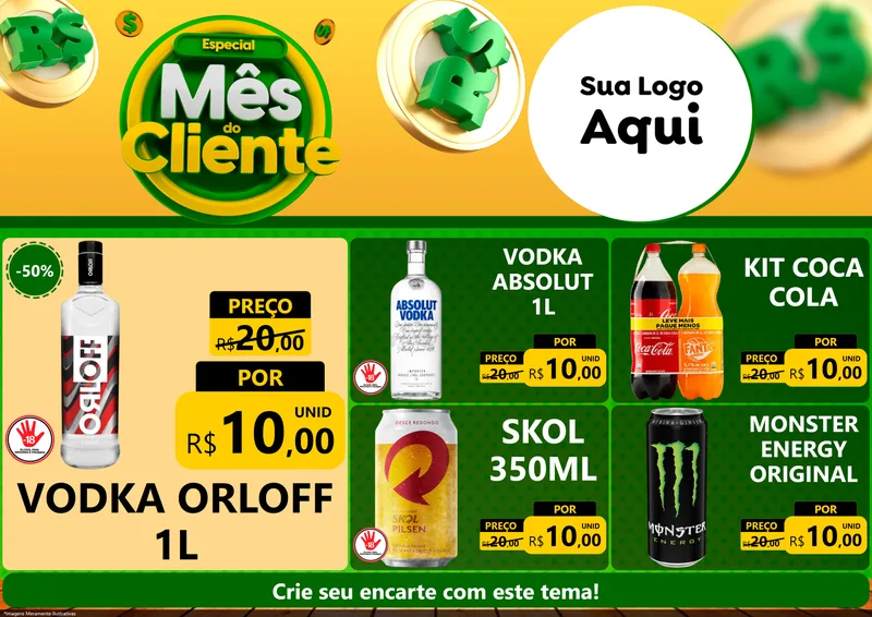 Modelo de Encarte para Encarte A4 Horizontal com o tema Especial Mês do Cliente para Distribuidora de bebidas