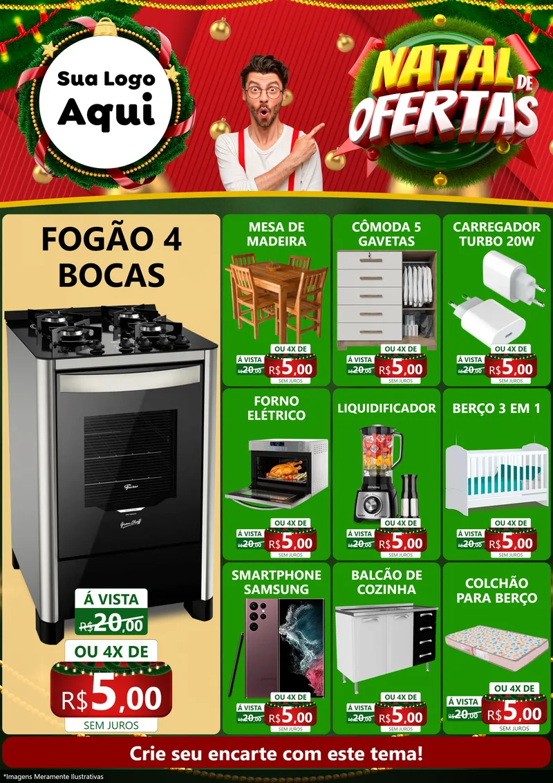 Modelo de Encarte para Encarte A4 Vertical com o tema Natal de Ofertas para Móveis e Eletro
