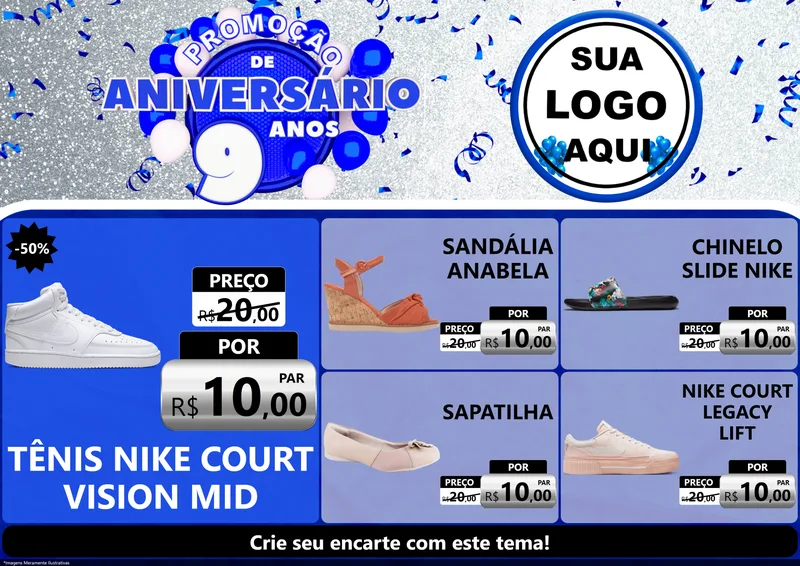 Modelo de Encarte para Encarte A4 Horizontal com o tema Promoção de Aniversário - 9 Anos para Calçados