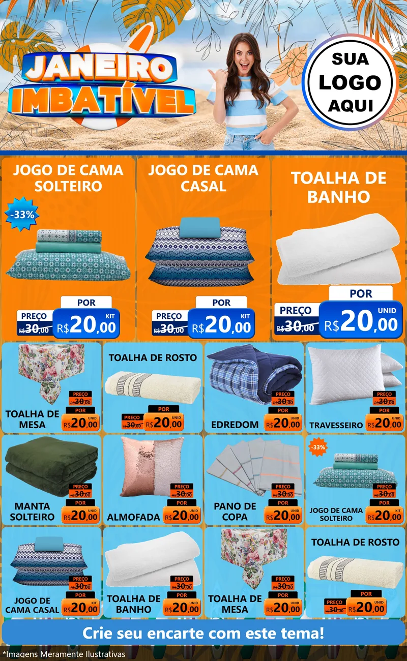 Modelo de Encarte para Encarte Grande com o tema Janeiro Imbatível para Cama, Mesa e Banho