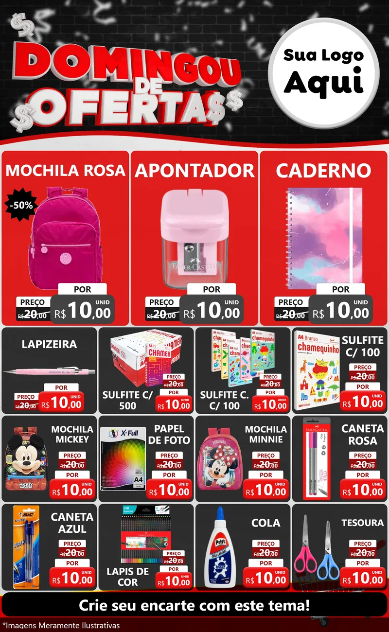 Modelo de Encarte para Encarte Grande com o tema Domingou de Ofertas para Papelaria
