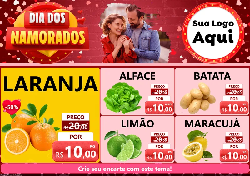Modelo de Encarte para Encarte A4 Horizontal com o tema Dia Dos Namorados para Hortifrúti