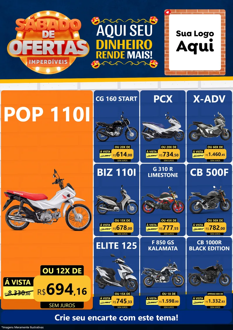 Modelo de Encarte para Encarte A4 Vertical com o tema Sábado de Ofertas Imperdíveis para Concessionaria de Motos