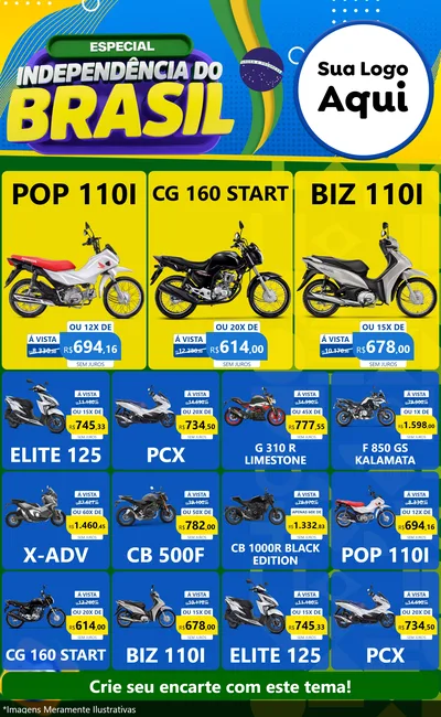 Modelo de Encarte para Encarte Grande com o tema Especial Independência do Brasil para Concessionaria de Motos