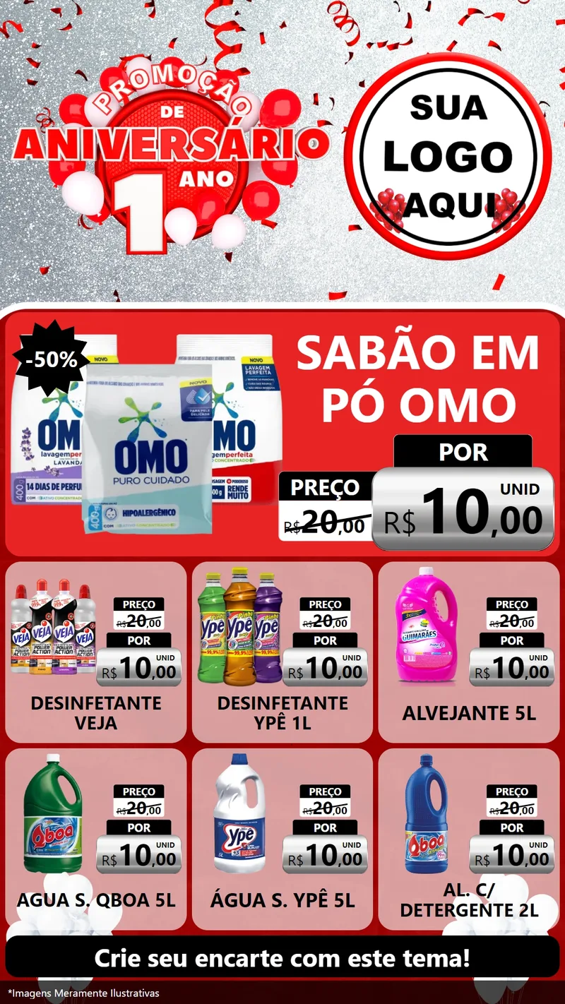 Modelo de Rede Social para Stories com o tema Promoção de Aniversário - 1 Ano para Produtos de Limpeza