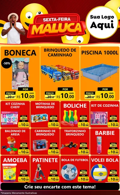 Modelo de Encarte para Encarte Grande com o tema Sexta-feira Maluca para Brinquedos