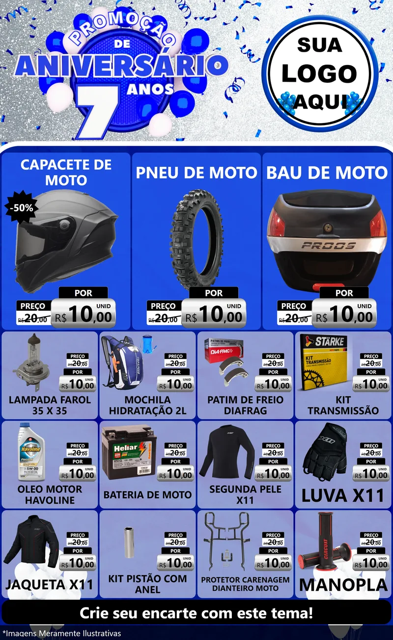 Modelo de Encarte para Encarte Grande com o tema Promoção de Aniversário - 7 Anos para Moto peças