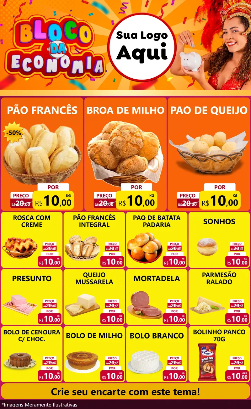 Modelo de Encarte para Encarte Grande com o tema Bloco da Economia para Padaria