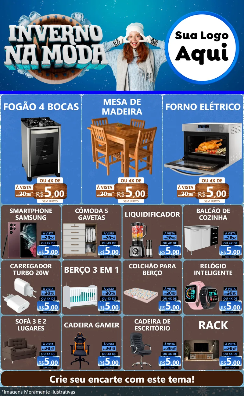 Modelo de Encarte para Encarte Grande com o tema Inverno na Moda para Móveis e Eletro