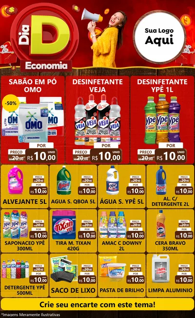 Modelo de Encarte para Encarte Grande com o tema Dia D Economia para Produtos de Limpeza