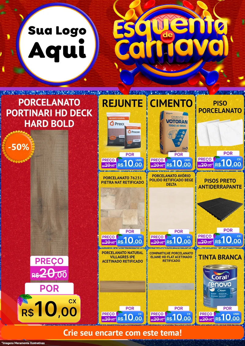 Modelo de Encarte para Encarte A4 Vertical com o tema Esquenta de Carnaval para Pisos e revestimentos