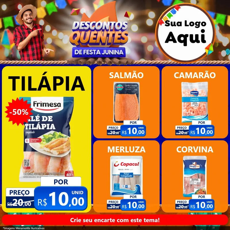 Modelo de Rede Social para Feed Facebook com o tema Descontos Quentes de Festa Junina para Peixaria