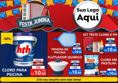 Modelo de Encarte para Encarte A4 Horizontal com o tema Festa Junina para Produtos para Piscina