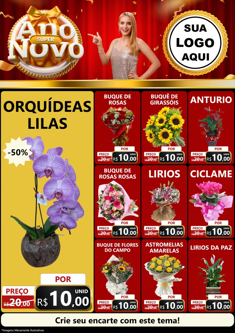 Modelo de Encarte para Encarte A4 Vertical com o tema Super Ano Novo para Floricultura e jardim