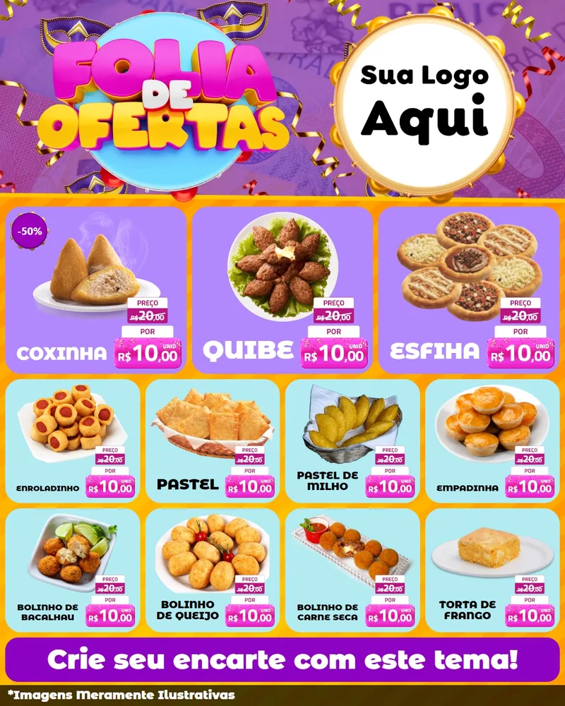 Modelo de Rede Social para Feed Instagram com o tema Folia de Ofertas para Salgadaria