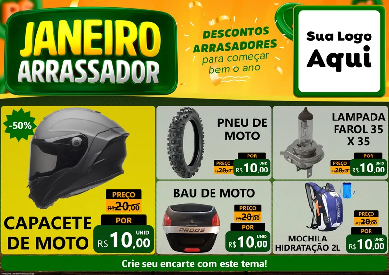 Modelo de Encarte para Encarte A4 Horizontal com o tema Janeiro Arrasador para Moto peças