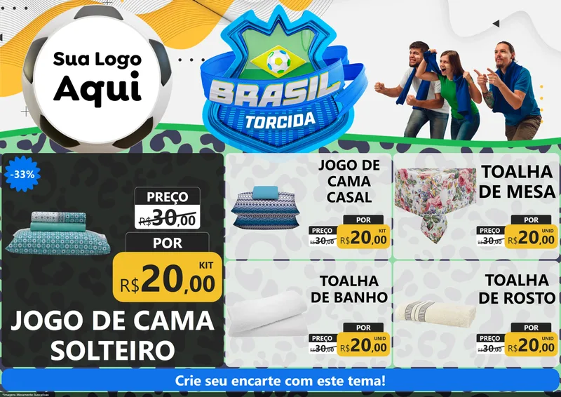 Modelo de Encarte para Encarte A4 Horizontal com o tema Brasil Torcida - Copa para Cama, Mesa e Banho