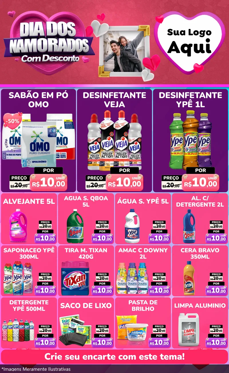 Modelo de Encarte para Encarte Grande com o tema Dia Dos Namorados Com Desconto para Produtos de Limpeza