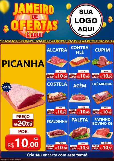 Modelo de Encarte para Encarte A4 Vertical com o tema Janeiro de Ofertas É Aqui! para Açougue