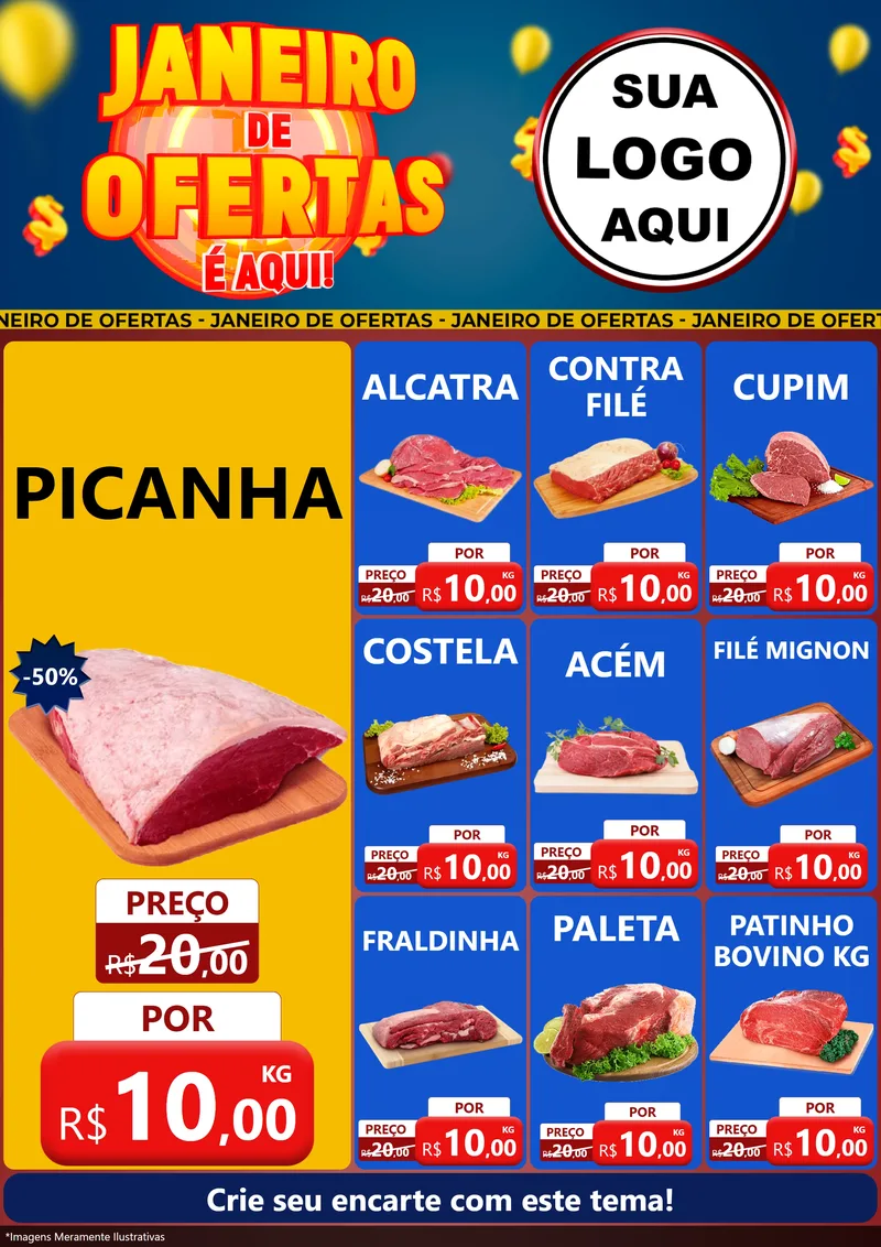 Modelo de Encarte para Encarte A4 Vertical com o tema Janeiro de Ofertas É Aqui! para Açougue