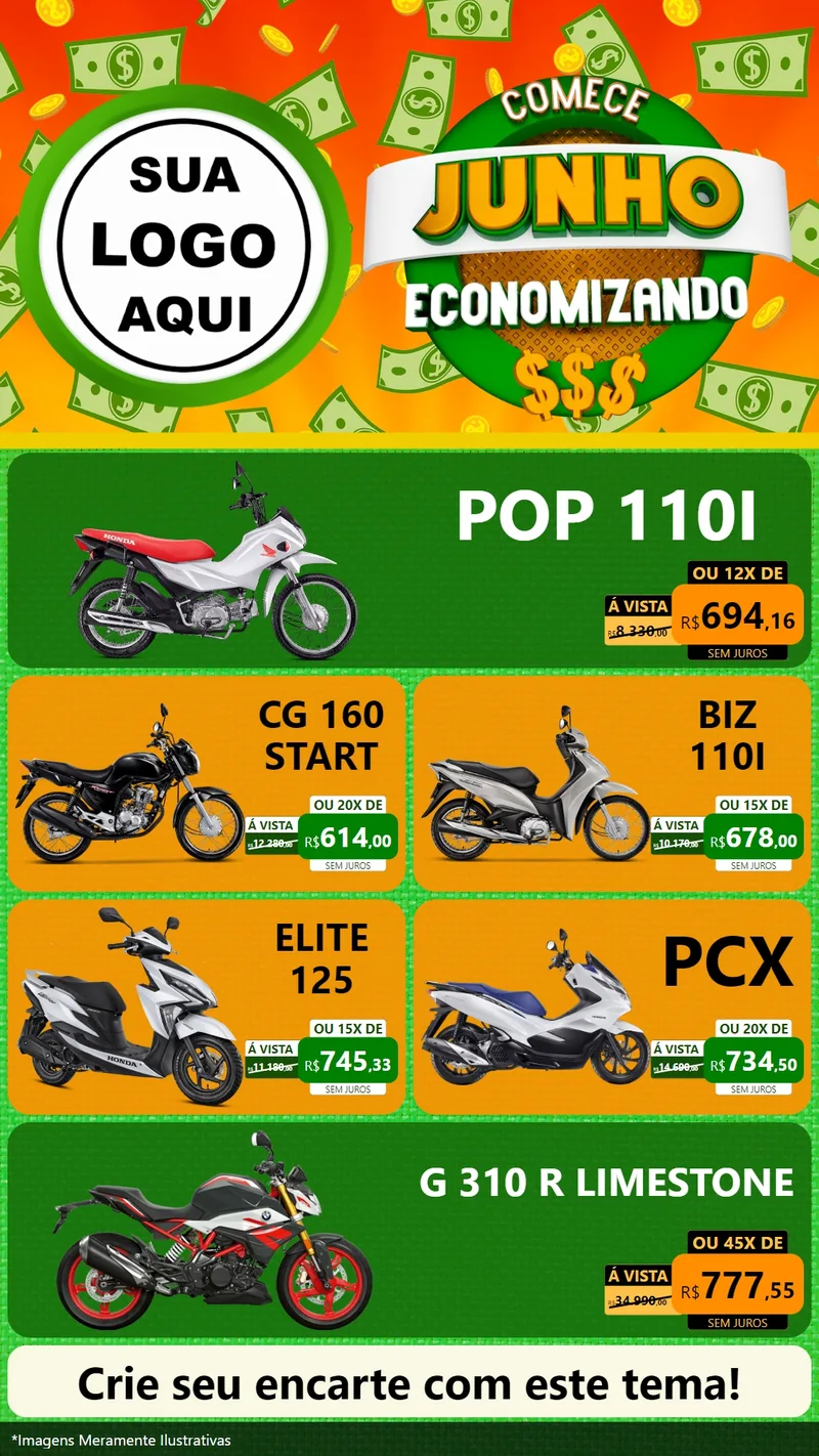 Modelo de TV para TV Vertical com o tema Comece Junho Economizando para Concessionaria de Motos