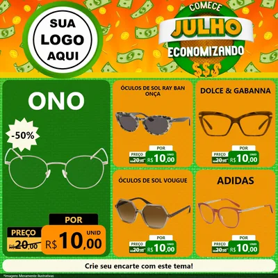 Modelo de Rede Social para Feed Facebook com o tema Comece Julho Economizando para Óticas