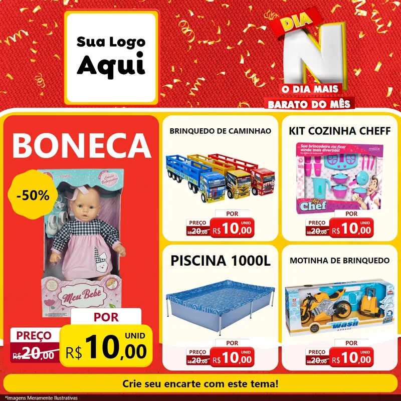 Modelo de Rede Social para Feed Facebook com o tema Dia N o Dia Mais Barato do Mês para Brinquedos