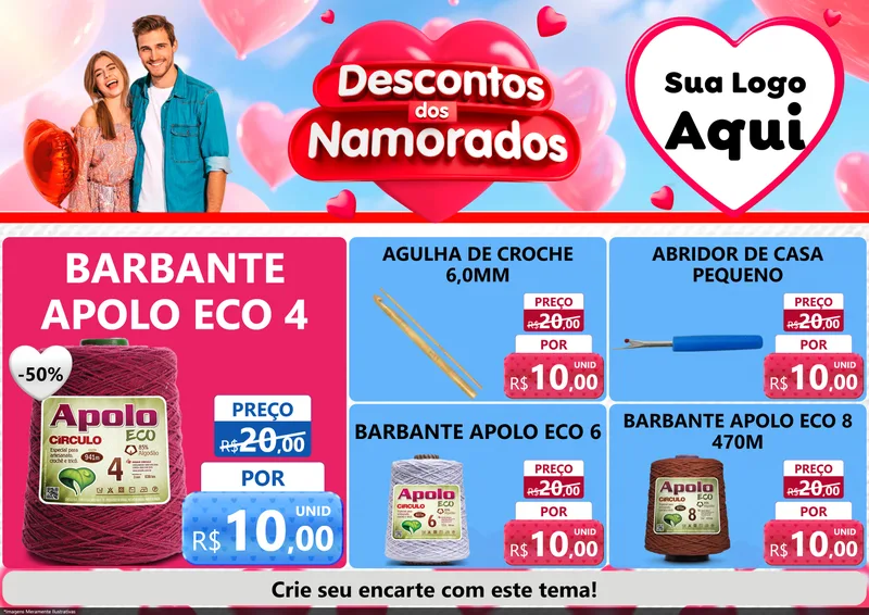 Modelo de Encarte para Encarte A4 Horizontal com o tema Descontos dos Namorados para Armarinho e Aviamentos