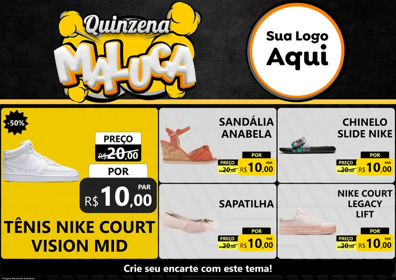 Modelo de Encarte para Encarte A4 Horizontal com o tema Quinzena Maluca para Calçados