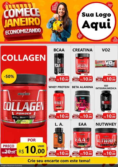 Modelo de Encarte para Encarte A4 Vertical com o tema Comece Janeiro Economizando para Suplementos alimentares