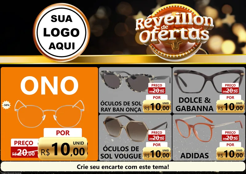 Modelo de Encarte para Encarte A4 Horizontal com o tema Réveillon de Ofertas para Óticas