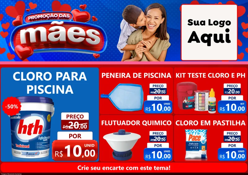Modelo de Encarte para Encarte A4 Horizontal com o tema Promoção das Mães para Produtos para Piscina