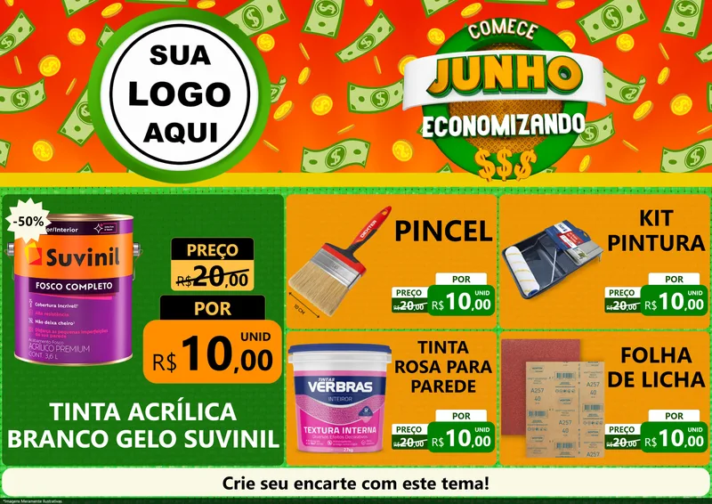 Modelo de Encarte para Encarte A4 Horizontal com o tema Comece Junho Economizando para Tintas e Ferramentas