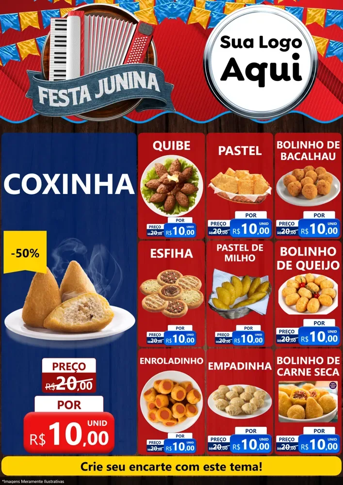 Modelo de Encarte para Encarte A4 Vertical com o tema Festa Junina para Salgadaria