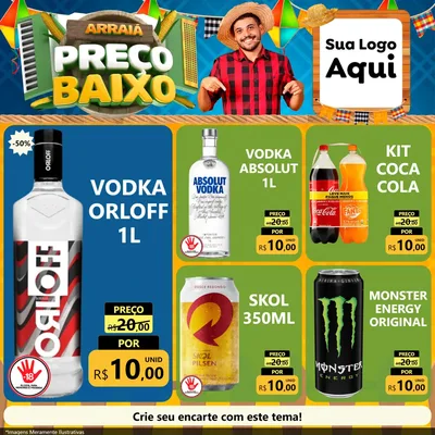Modelo de Rede Social para Feed Facebook com o tema Arraiá de Preço Baixo - Junina para Distribuidora de bebidas