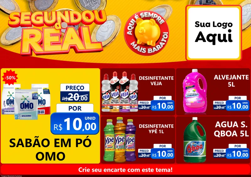 Modelo de Encarte para Encarte A4 Horizontal com o tema Segundou do Real para Produtos de Limpeza